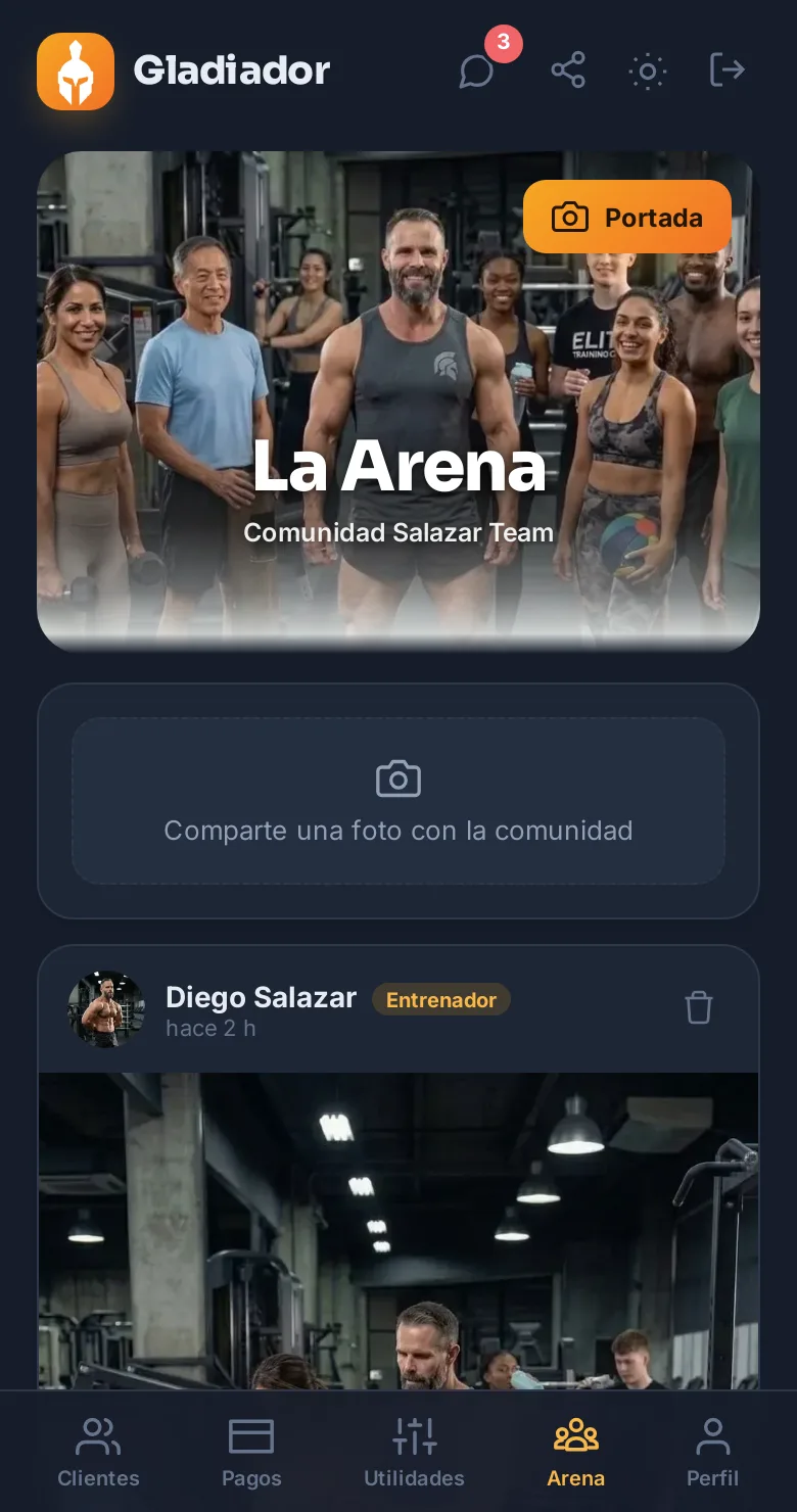La Arena en Gladiador: la foto de la comunidad de un entrenador y una publicación suya entrenando a una clienta.